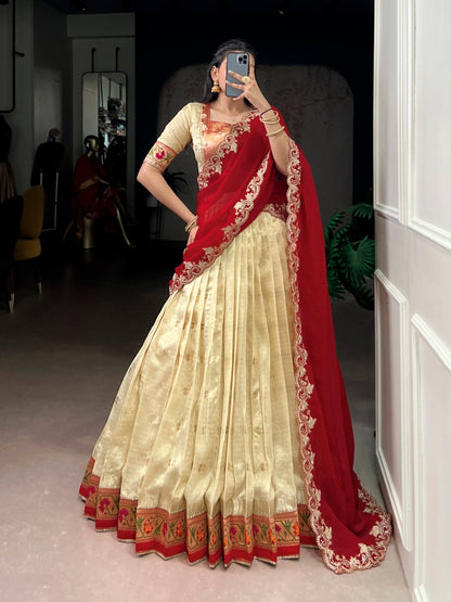 Laksharaa Sarees MAYURI — Slub Cotton Banarasi Half Saree Lehenga Cream and Red