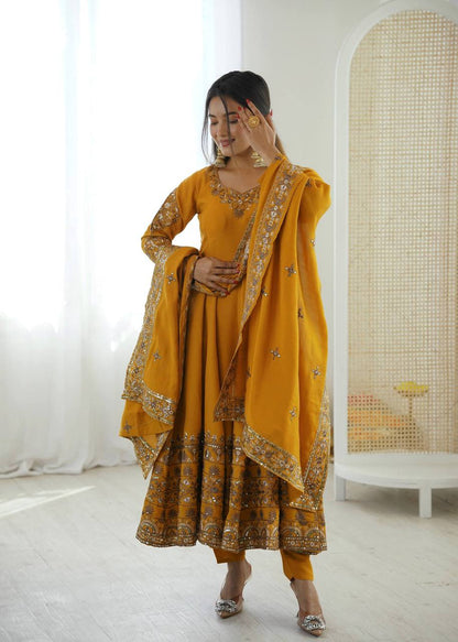 Laksharaa NAVIRA Roman Silk Anarkali Suit Mustard Yellow Standing Pose