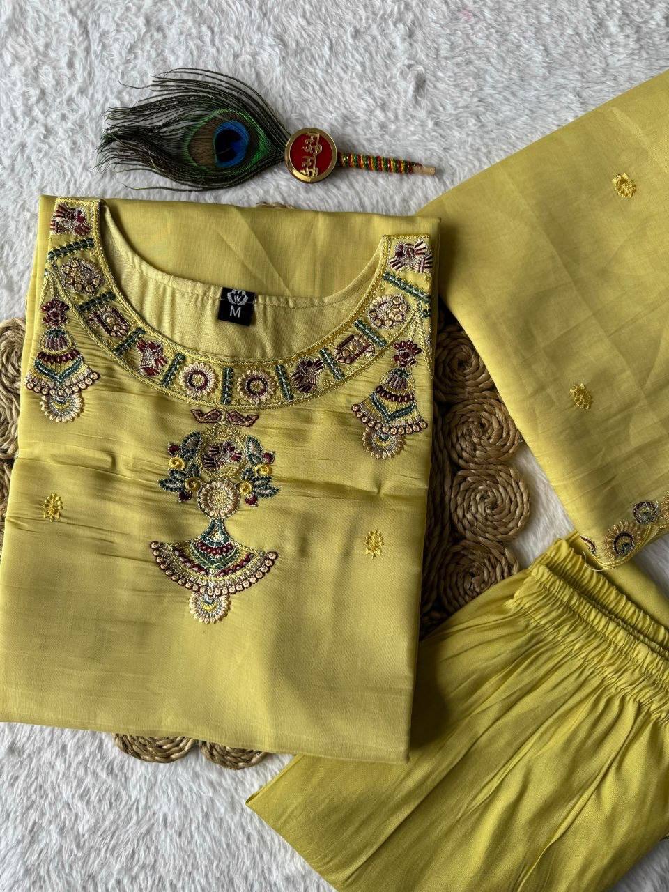 Laksharaa Sarees Festive Special mul Chanderi Kurti Set Pale Yellow folded with accessories