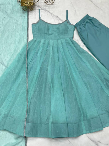 Laksharaa Sarees SILVIA — crunchy silk Anarkali Aqua Flat Lay