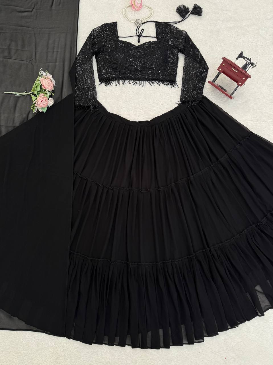 Laksharaa Sarees Black RUFFLE Georgette Lehenga Flat Lay Full Set