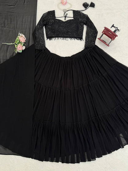 Laksharaa Sarees Black RUFFLE Georgette Lehenga Flat Lay Full Set