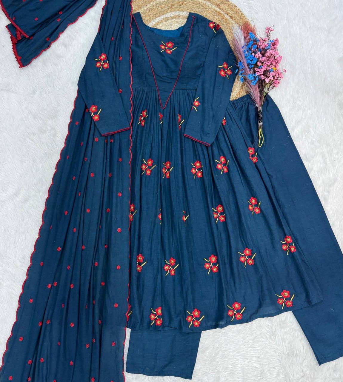 Laksharaa Sarees Floral Cotton Comfy Kurti Set Midnight Blue Flat Lay