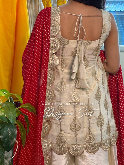 Laksharaa Sarees RESMA - Chinnon Designer Suit Off-White with Red Dupatta Back View
