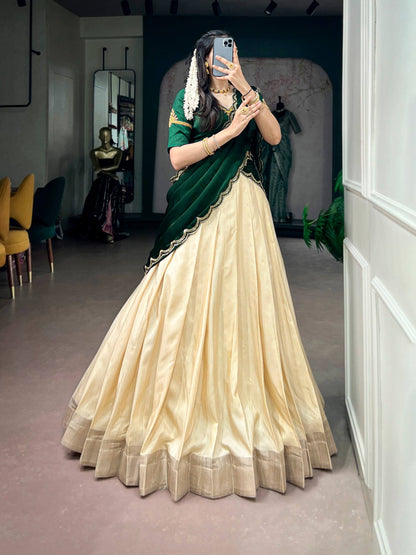 Laksharaa Sarees SAINDAVI Lehenga Set Champagne and Forest Green Front View Posing