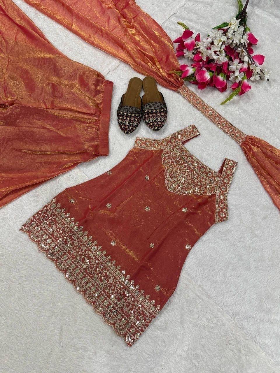 AVIRA Shimmer Silk Suit Coral Flat Lay Top and Dupatta