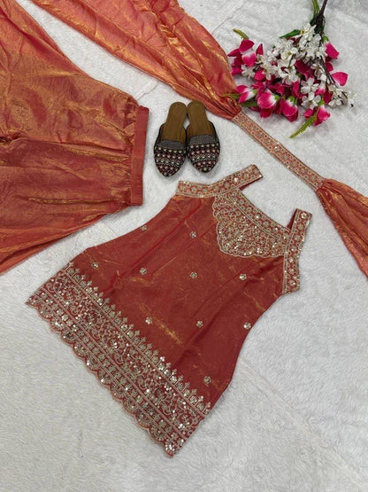 AVIRA Shimmer Silk Suit Coral Flat Lay Top and Dupatta