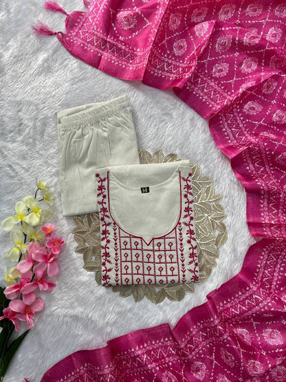 Laksharaa Sarees White x Pink Kurti Suit Off-White Flat Lay