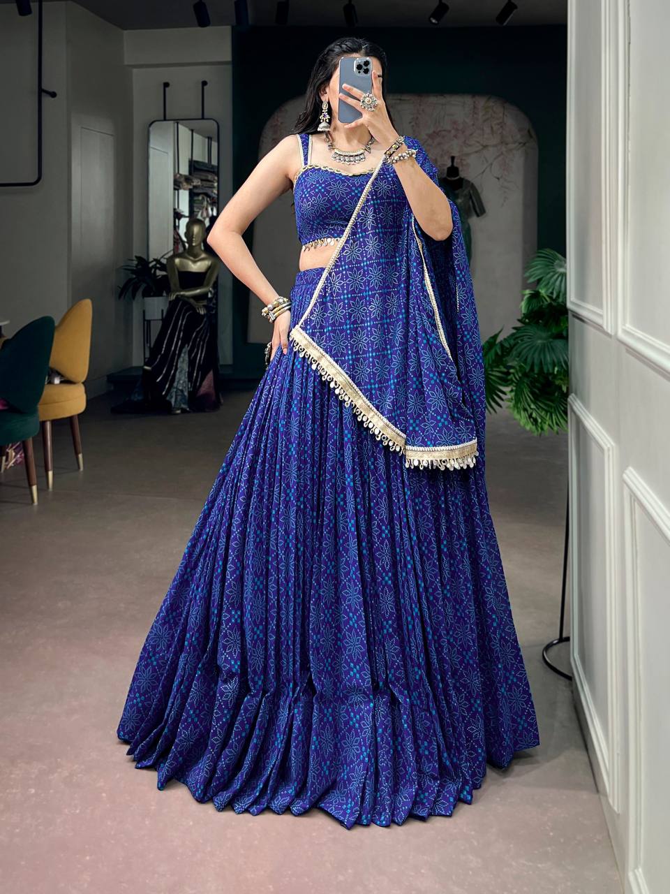Laksharaa Sarees Bandhani Print Lehenga Royal Blue Full Length Front Pose