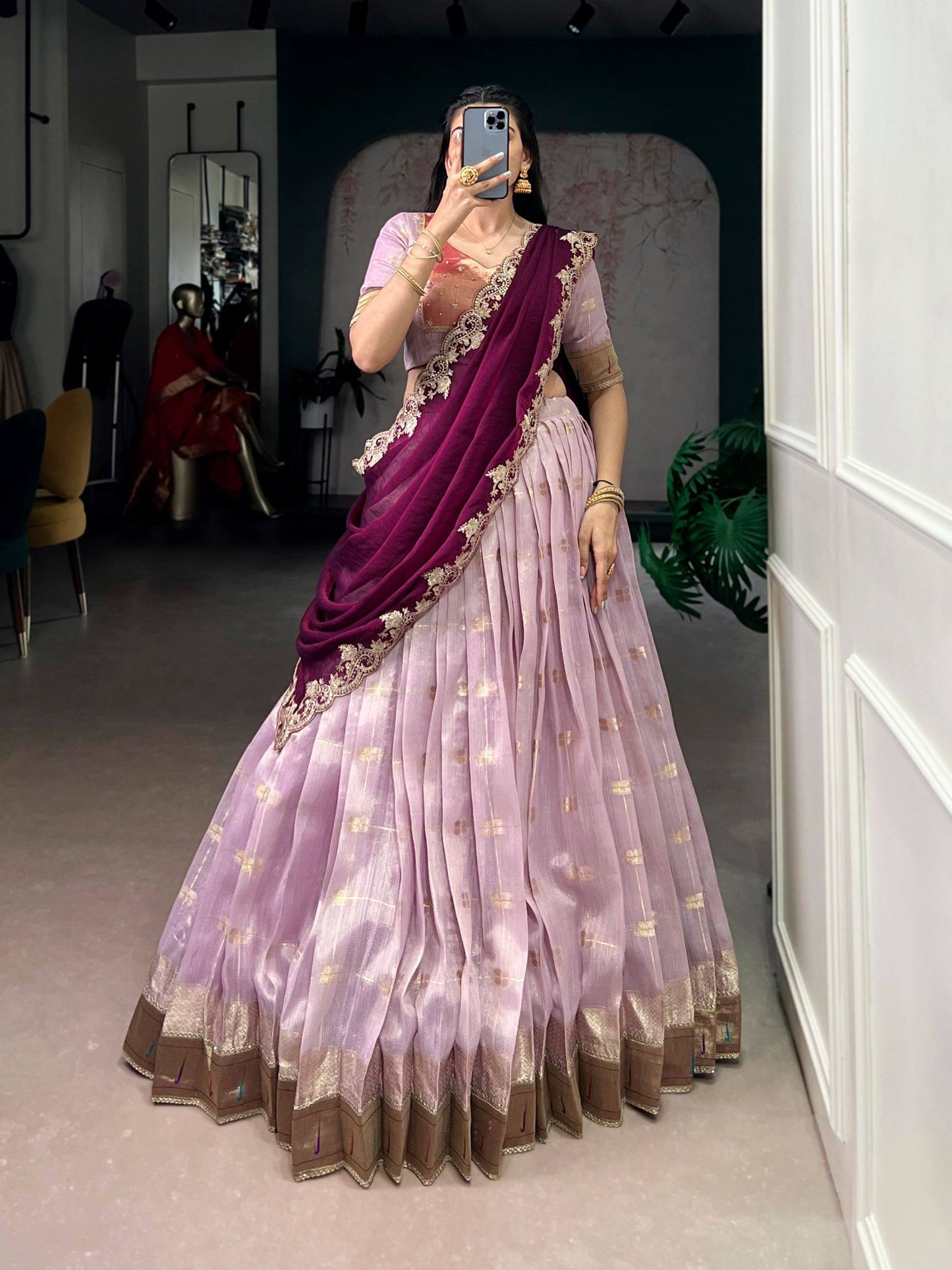 Laksharaa Sarees MAYURI — Slub Cotton Banarasi Half Saree Lehenga Lilac and Plum