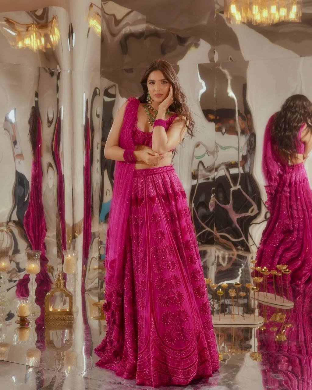 Laksharaa Sarees Premium Rani Pink Floral Lehenga Rani Pink worn by model