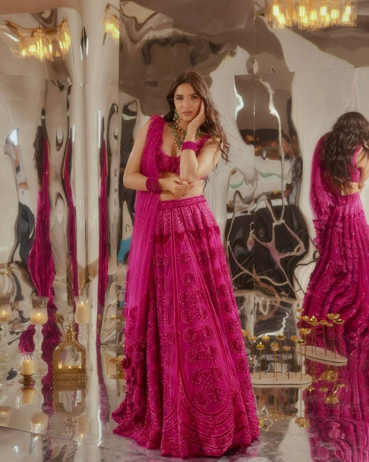 Laksharaa Sarees Premium Rani Pink Floral Lehenga Rani Pink worn by model