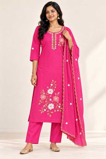 BELLA Floral Kurti Set in Fuchsia