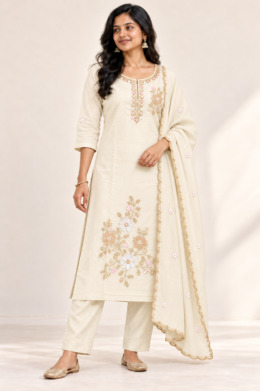 BELLA Floral Kurti Set in Ivory