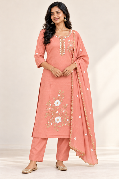 BELLA Floral Kurti Set in Peach