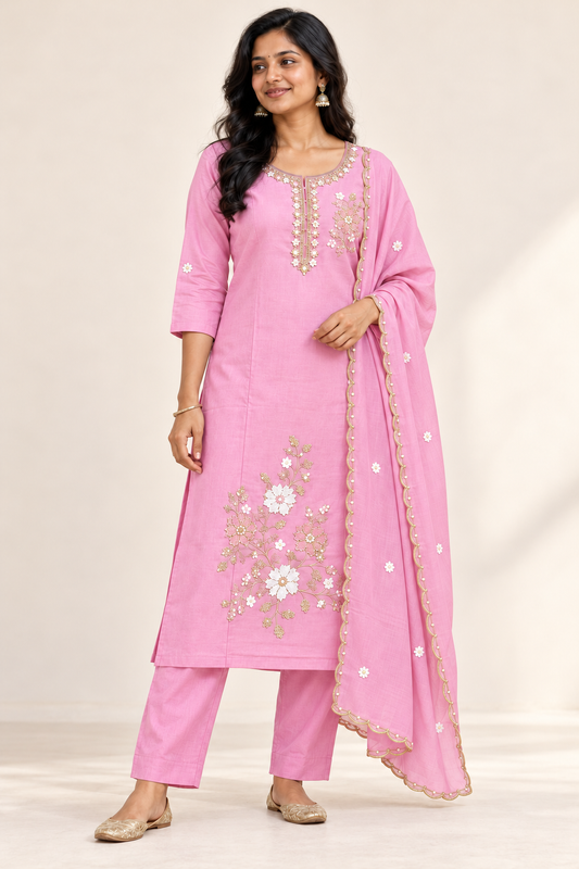 BELLA Floral Kurti Set in Pink