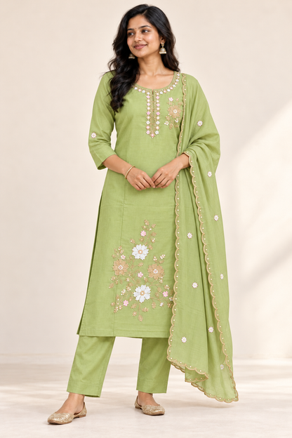 BELLA Floral Kurti Set in Pistachio Green