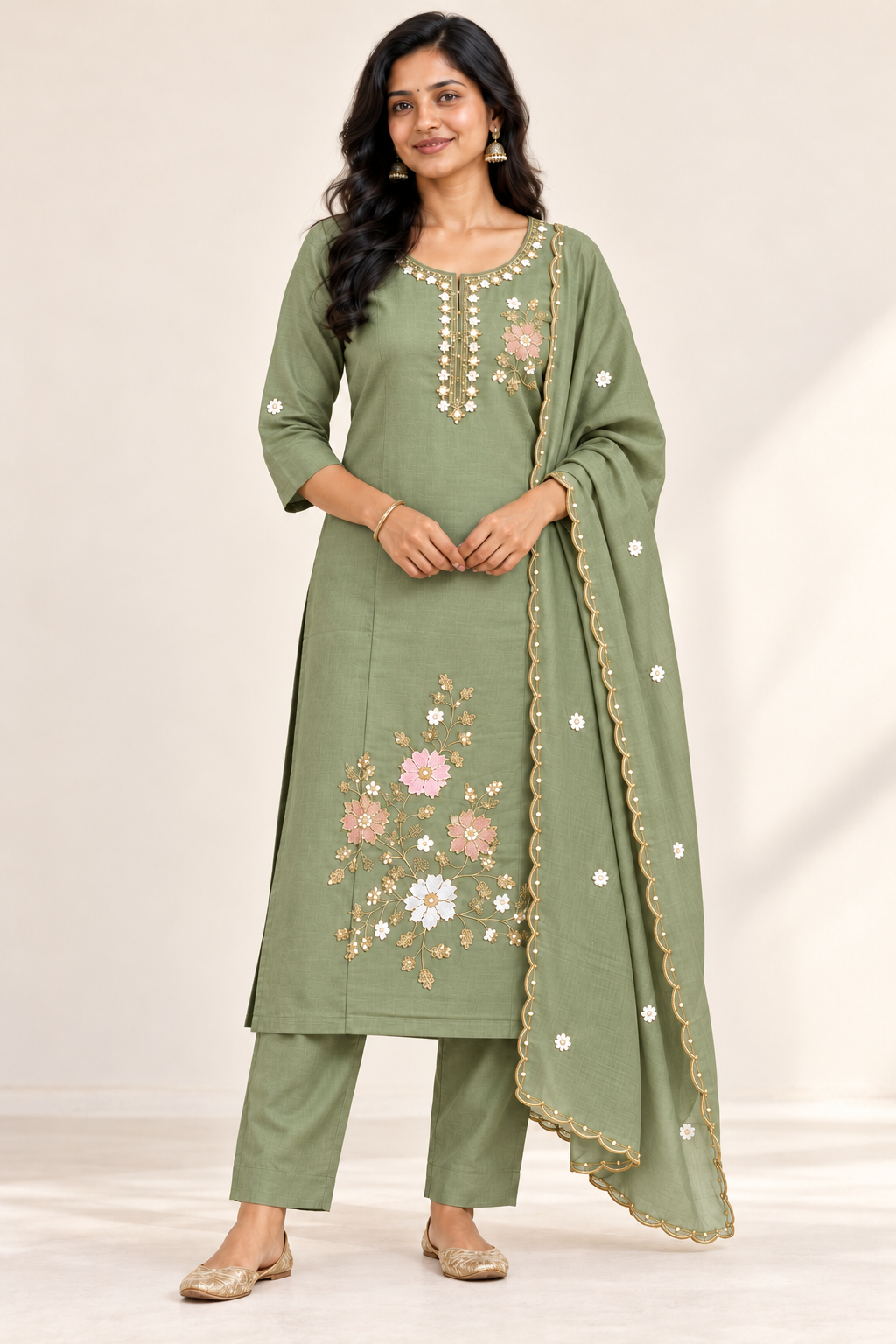 BELLA Floral Kurti Set in Sage Green