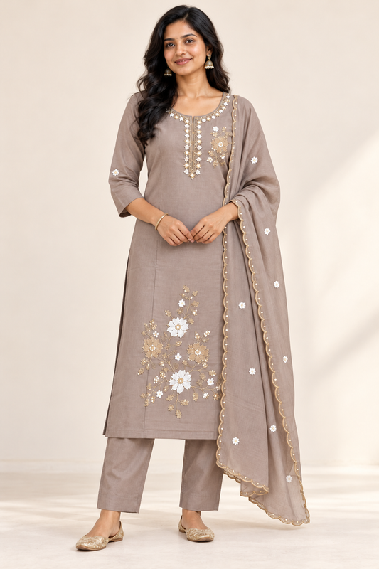 BELLA Floral Kurti Set in Taupe