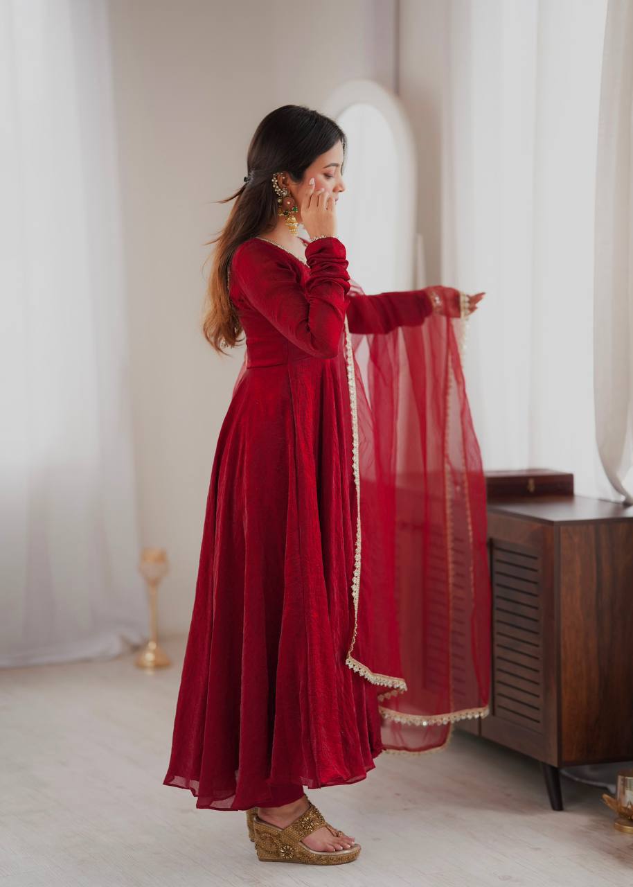 Laksharaa Sarees SANRIA - Premium Crush Silk Anarkali Suit Burgundy