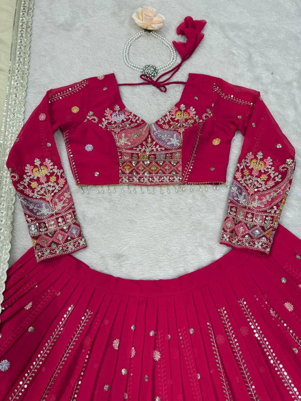 Laksharaa Sarees HANUYA — Pink Partywear Lehenga Pink Flat Lay Blouse Front Detail