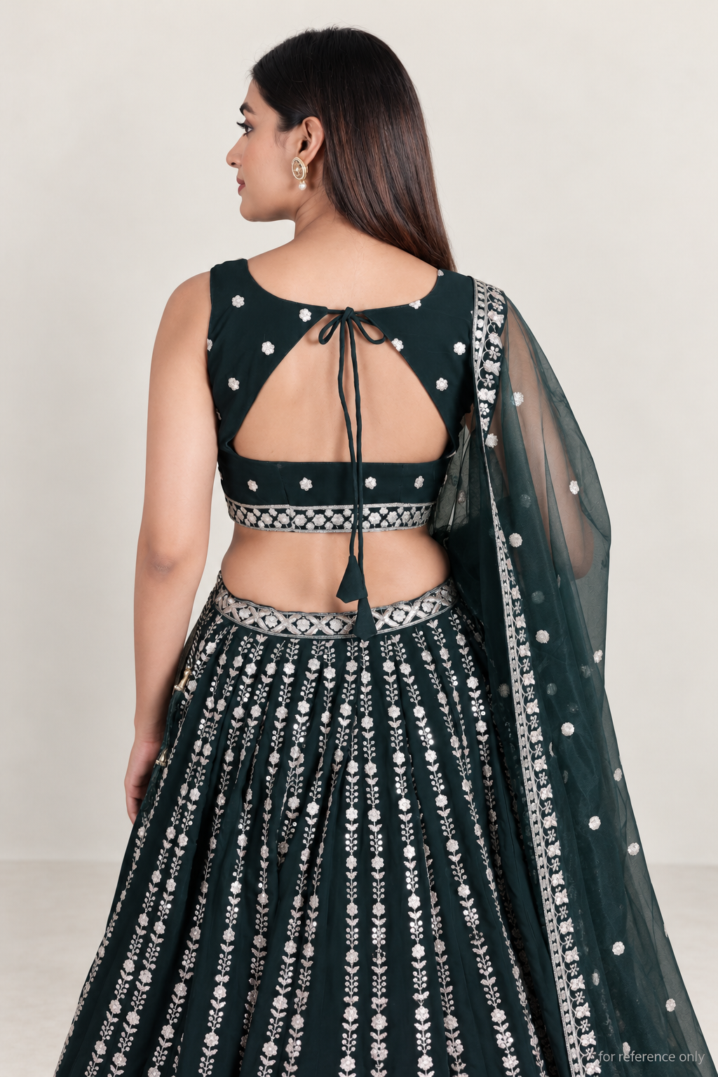 Bottle green georgette blouse back detail with tie and tassels; for reference only