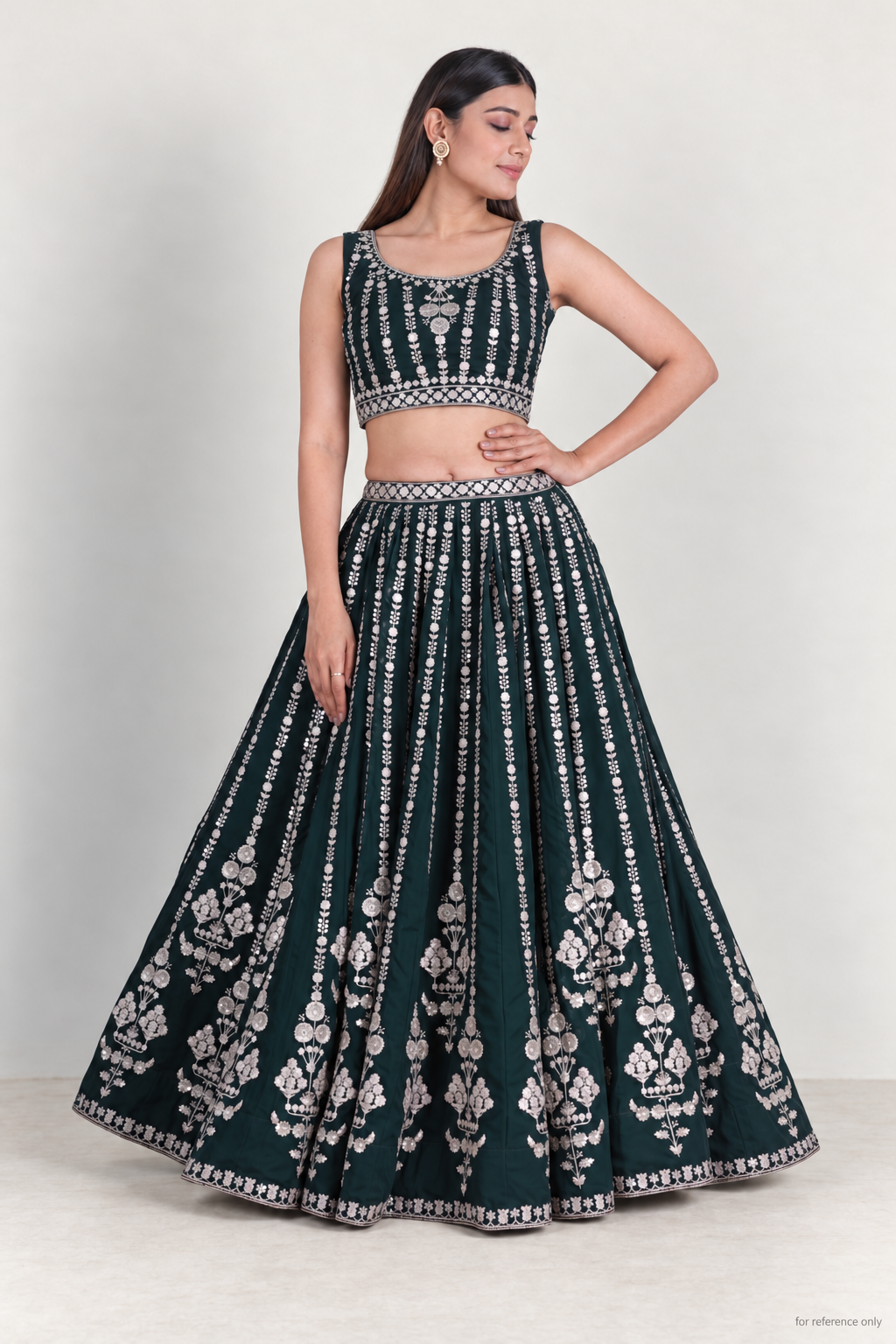 Bottle green embroidered georgette lehenga, full front view without dupatta; for reference only