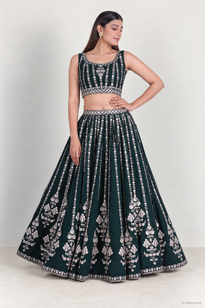 Bottle green embroidered georgette lehenga, full front view without dupatta; for reference only