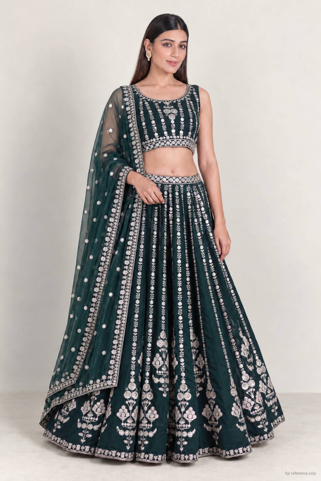 Bottle green georgette lehenga with silver zari and sequin embroidery, front with dupatta; for reference only