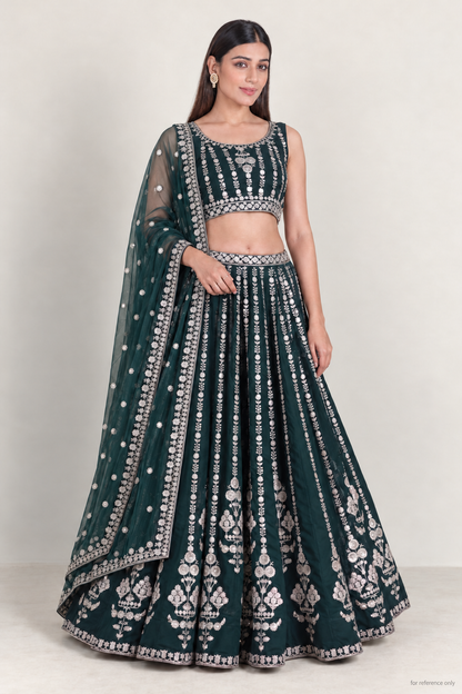 Bottle green georgette lehenga with silver zari and sequin embroidery, front with dupatta; for reference only
