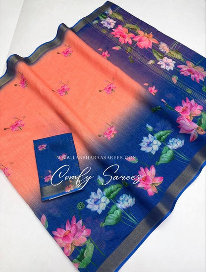 Laksharaa Sarees MINNAL - Floral Linen Saree Peach and Royal Blue