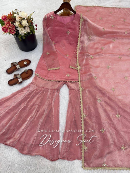Laksharaa Sarees DEONA — Shimmer Silk Corset Back Sharara Suit Dusty Rose Flat Lay