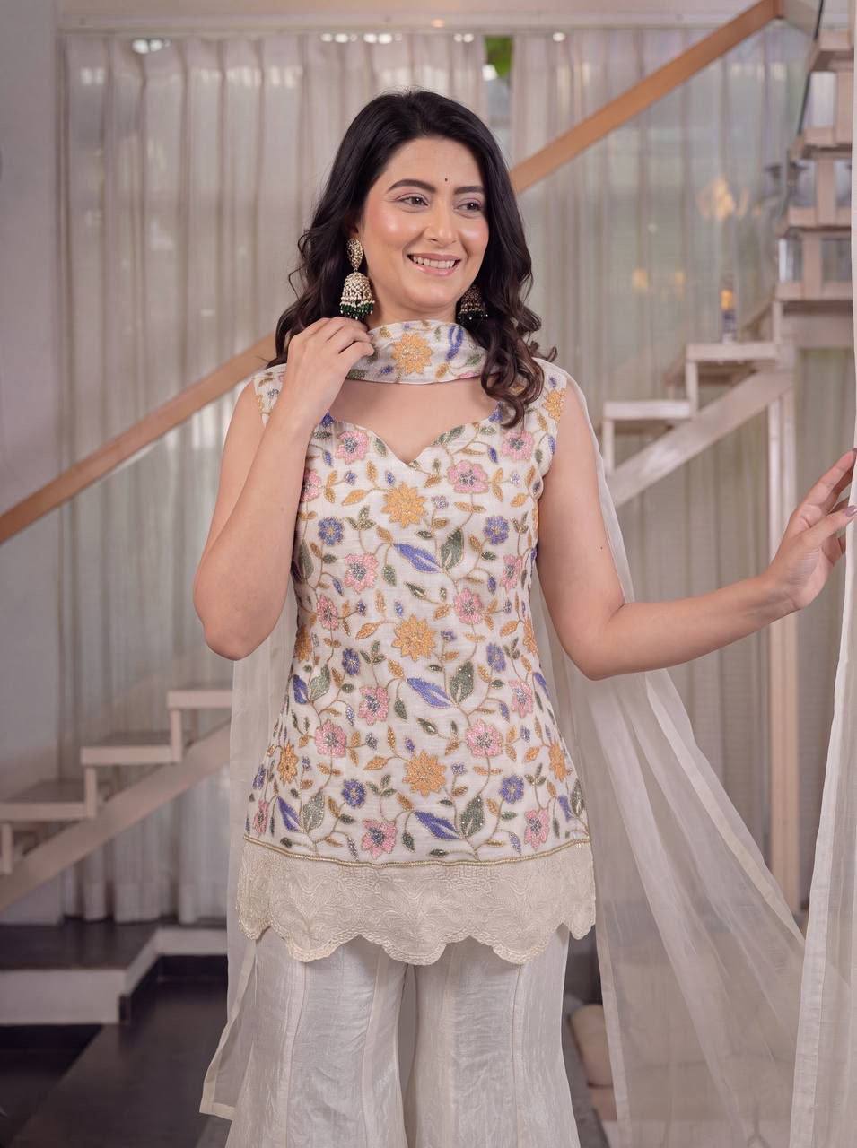 Laksharaa Sarees DILARA - Shimmer Sharara Suit Off-White Front View