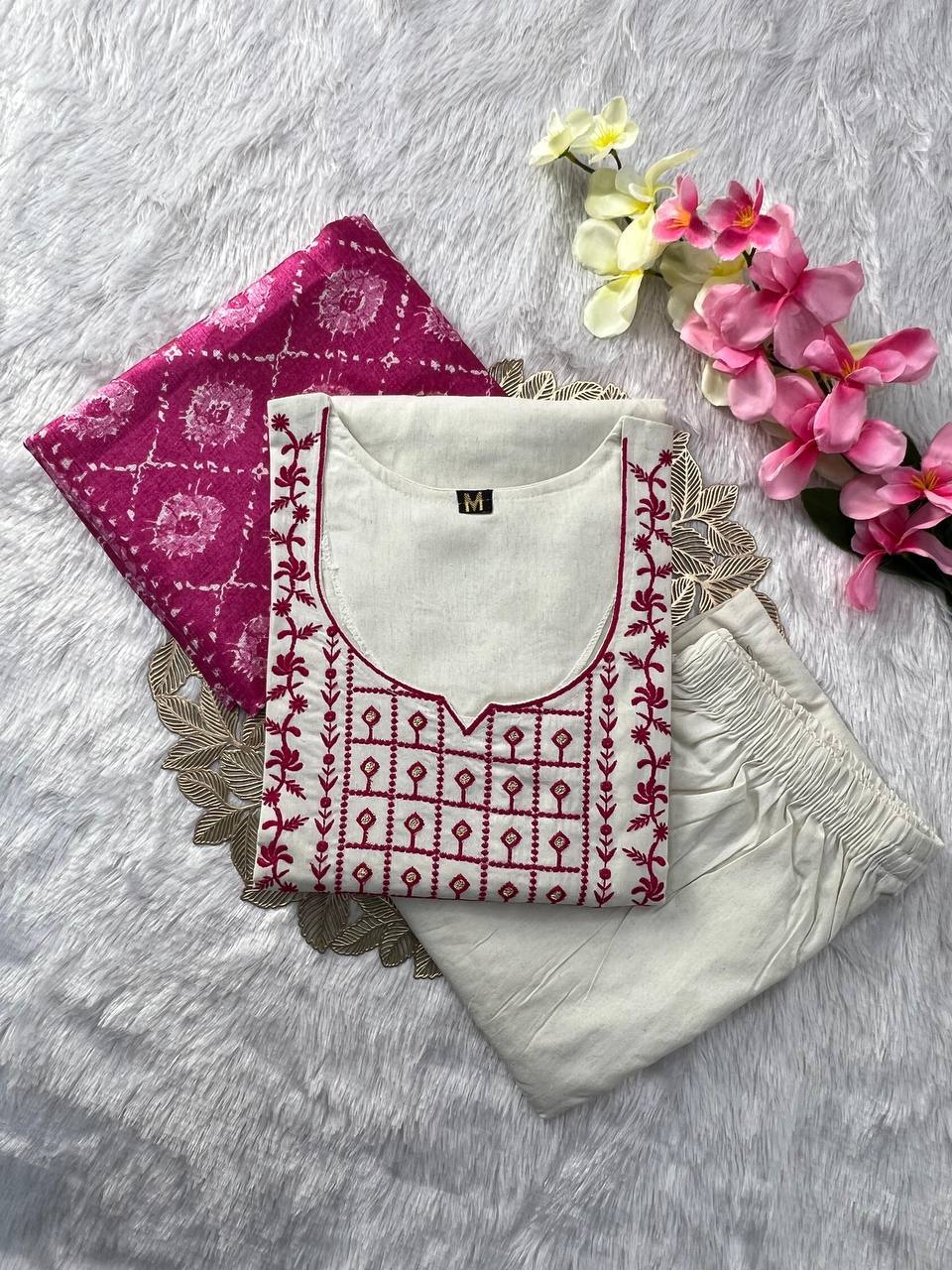 Laksharaa Sarees White x Pink Kurti Suit Off-White Flat Lay