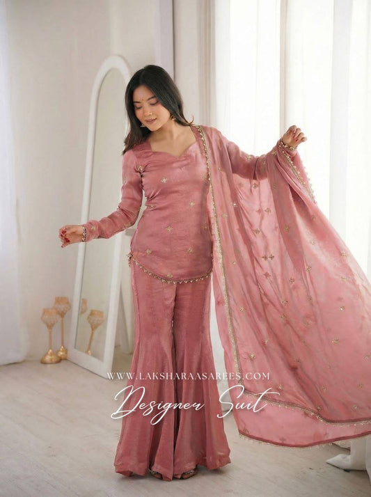 Laksharaa Sarees DEONA — Shimmer Silk Corset Back Sharara Suit Dusty Rose Model Front View