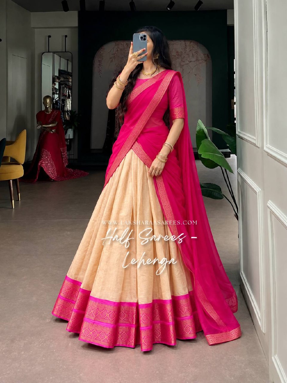 Laksharaa Sarees ARUNA - Kanchi Cotton Half Saree Lehenga Beige and Hot Pink