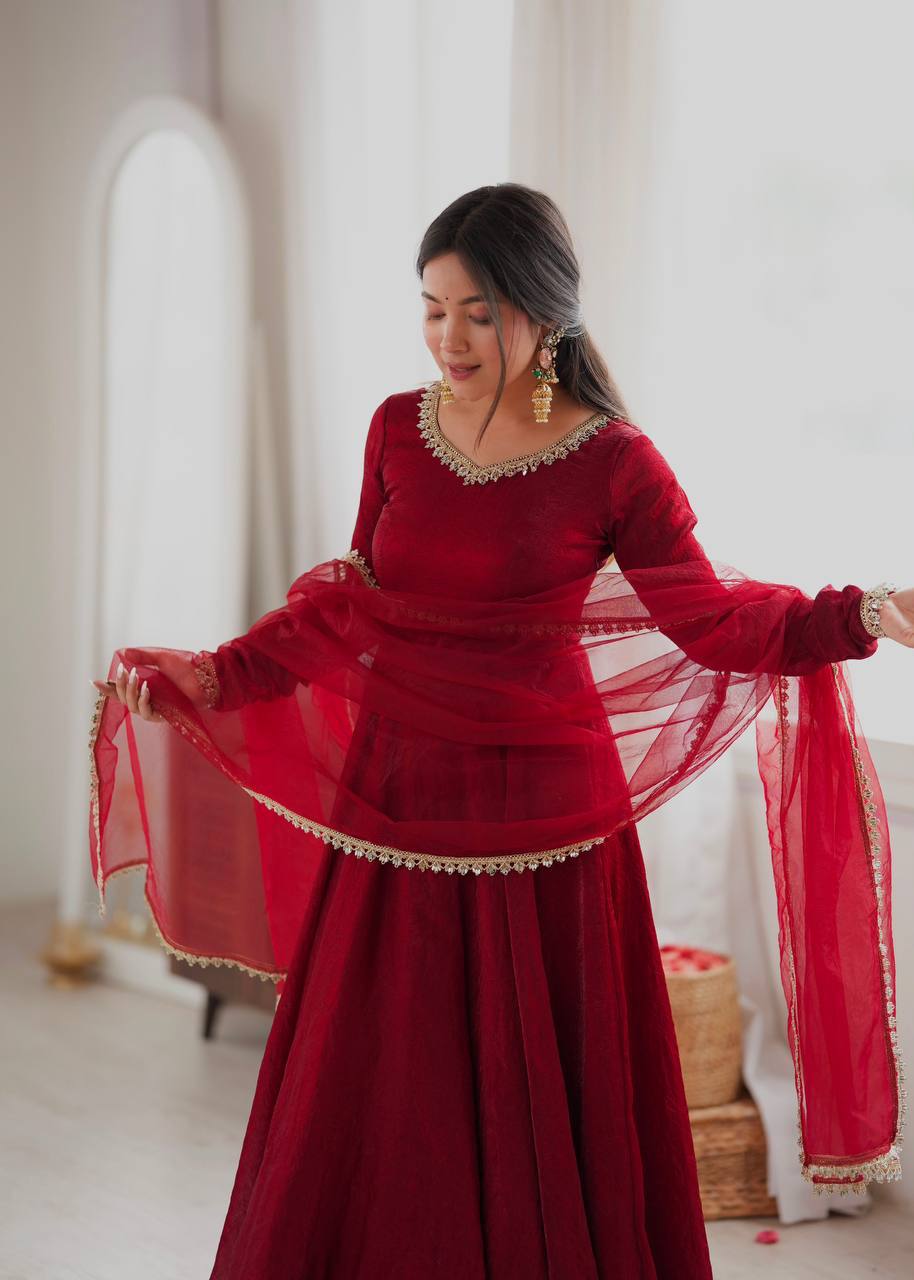 Laksharaa Sarees SANRIA - Premium Crush Silk Anarkali Suit Burgundy