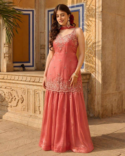Laksharaa Sarees Shimmer Sharara Suit Coral Worn by Model