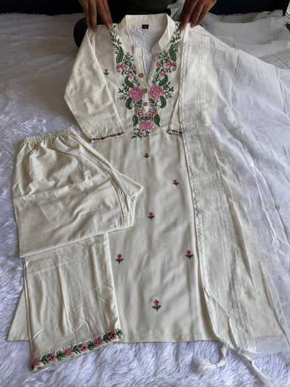 Laksharaa Sarees Cream Floral Kadhi Cotton Kurti Set Cream