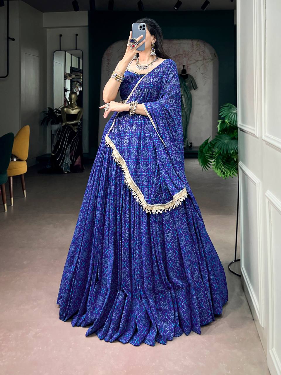 Laksharaa Sarees Bandhani Print Lehenga Royal Blue Full Length Front Pose