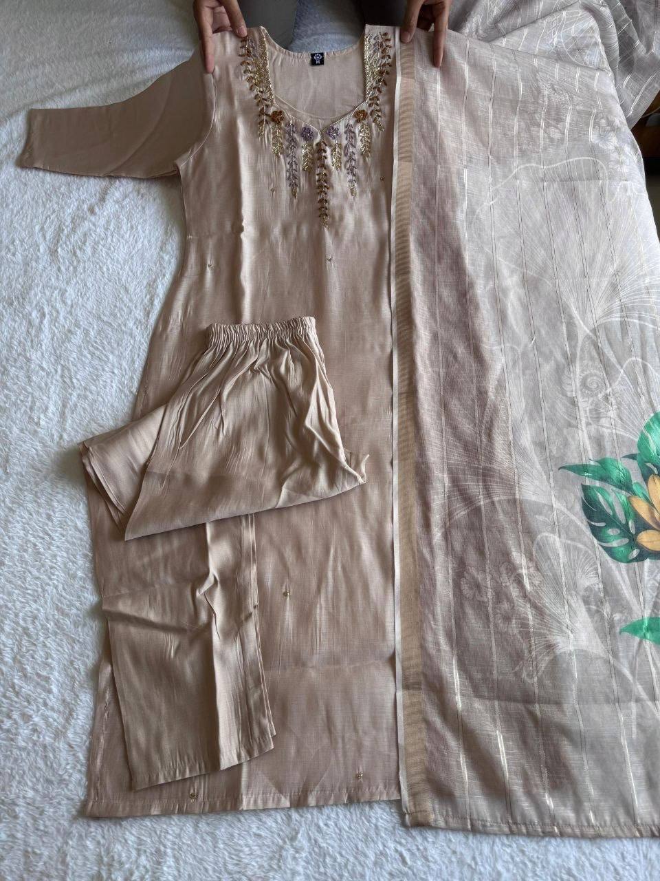 Laksharaa Sarees Festive Special mul Chanderi Kurti Set Champagne Full Outfit Display