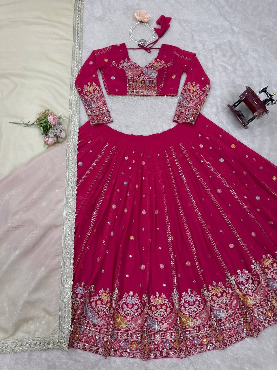 Laksharaa Sarees HANUYA — Pink Partywear Lehenga Pink Flat Lay Full View