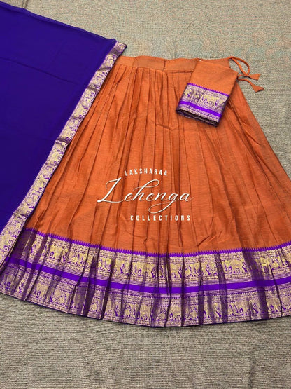 Laksharaa Sarees VAISHALI - Kanchi Cotton Half Sarees Lehenga Burnt Orange with purple and gold elephant border