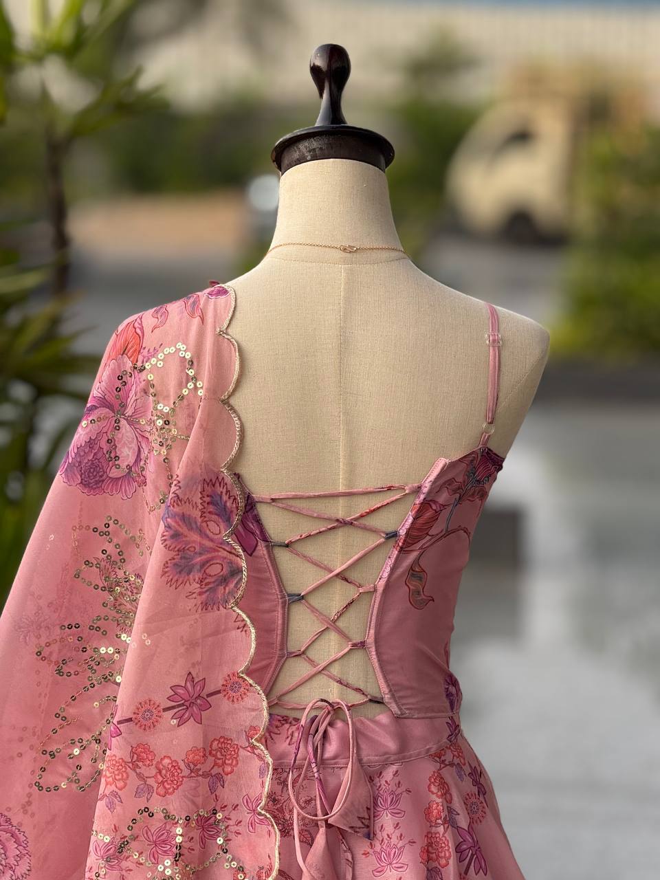 Laksharaa Sarees DIANA Pink Floral Corset Style Partywear Lehenga Back Lacing Detail