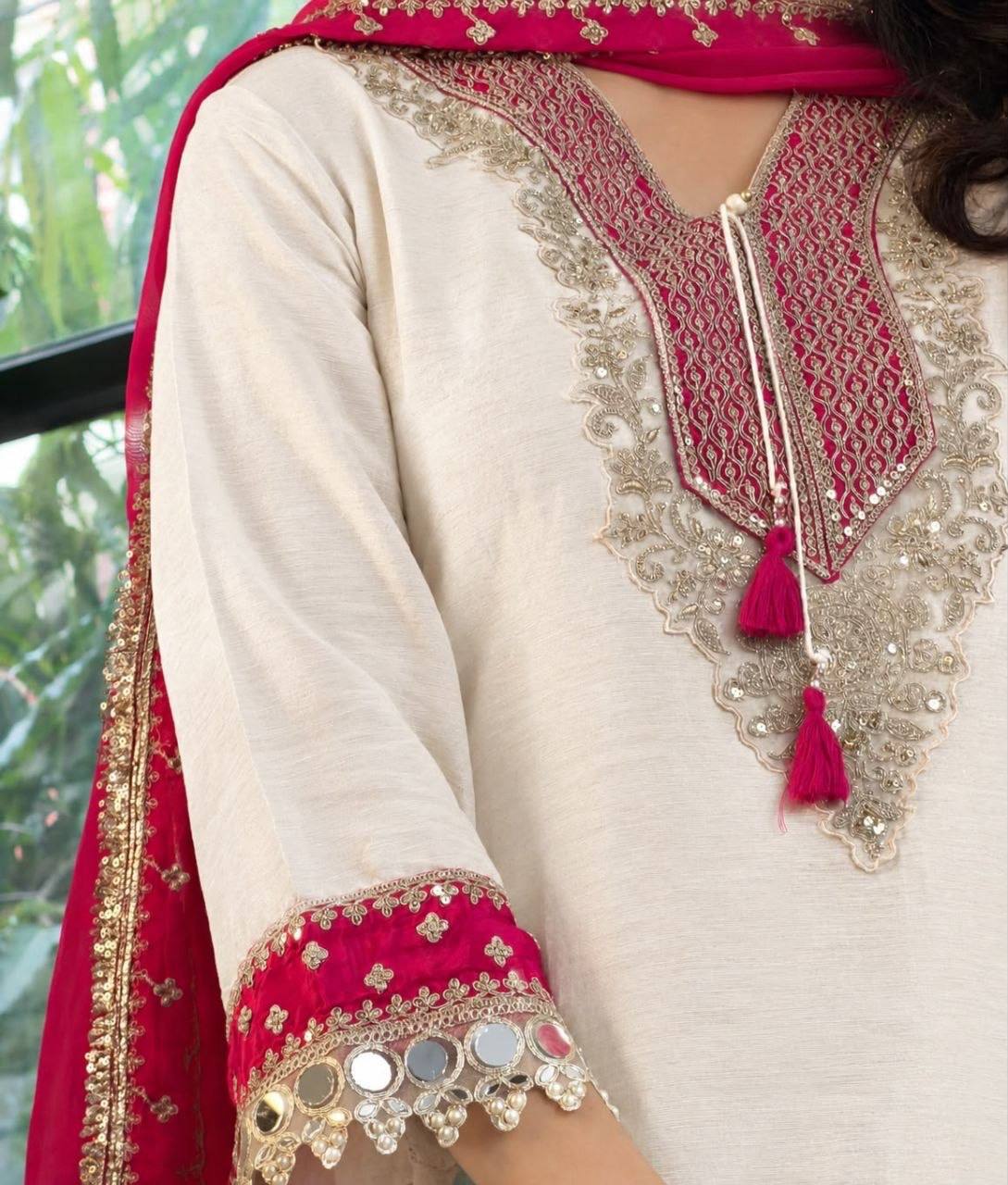 Laksharaa Sarees Chinnon Silk Kurti Set Off-White and Pink Sleeve Detail