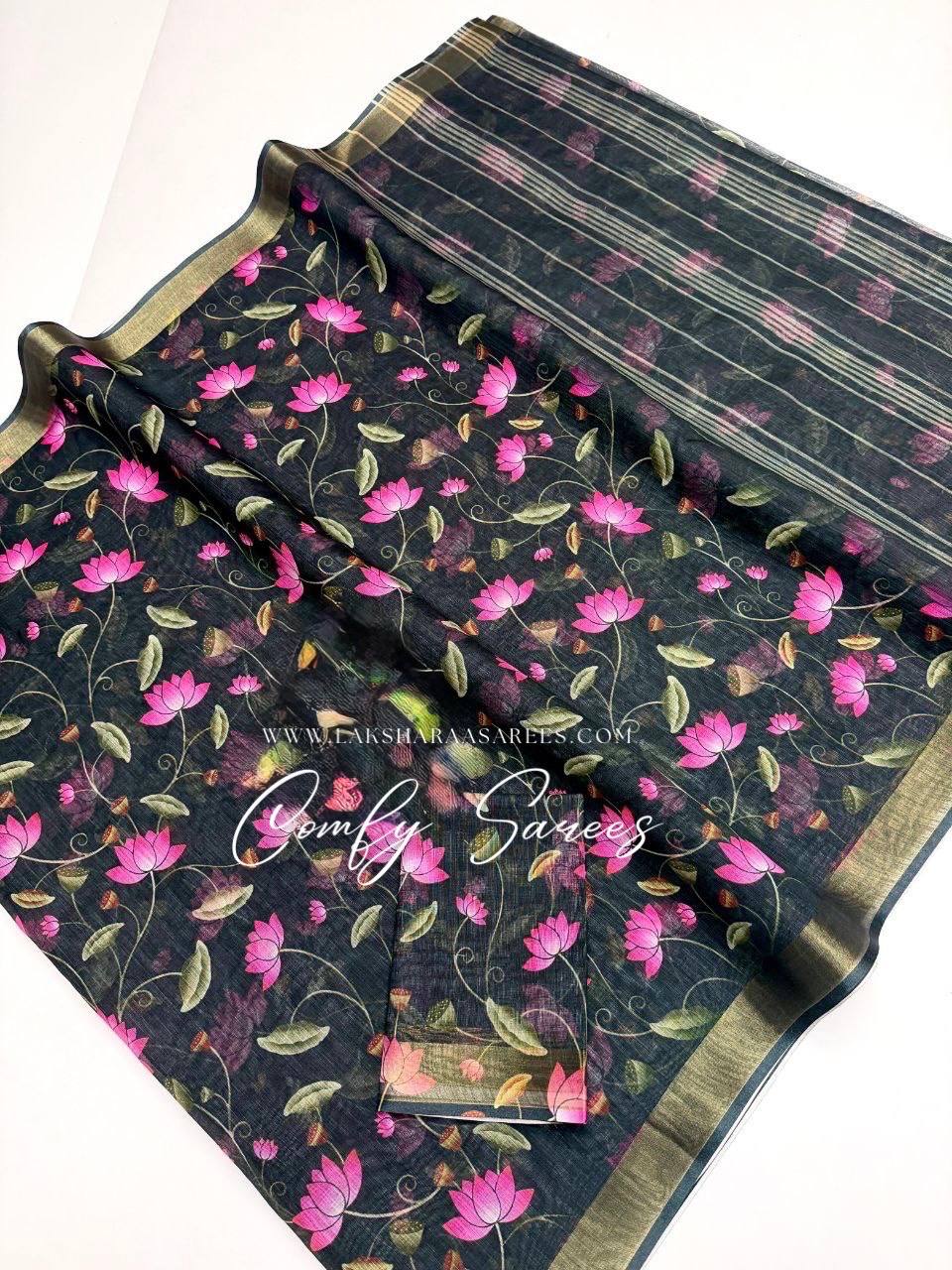 Laksharaa Sarees MINNAL - Floral Linen Saree Black