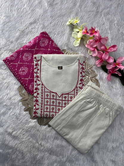 Laksharaa Sarees White x Pink Kurti Suit Off-White Flat Lay