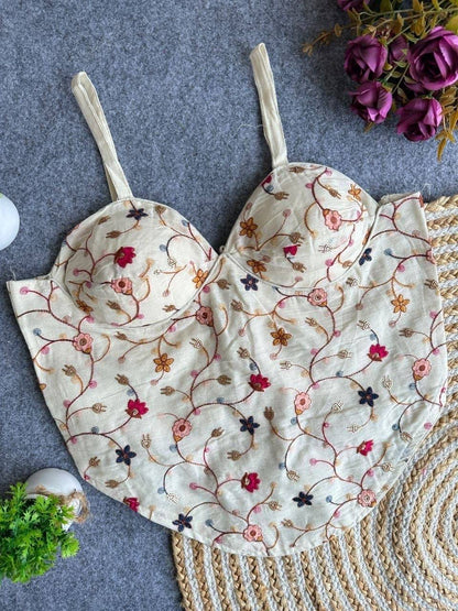 Laksharaa Sarees Khadi Cotton Corset Blouse Off-White with Multi-Color Small Floral Embroidery