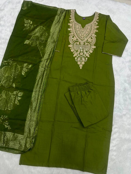 Laksharaa Sarees PATRICIA — cotton blend Kurti set Olive Green Front View