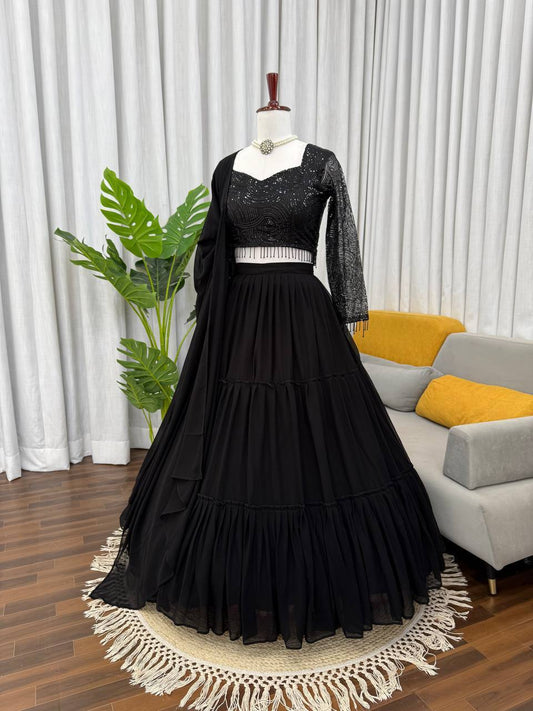 Laksharaa Sarees Black RUFFLE Georgette Lehenga Full View